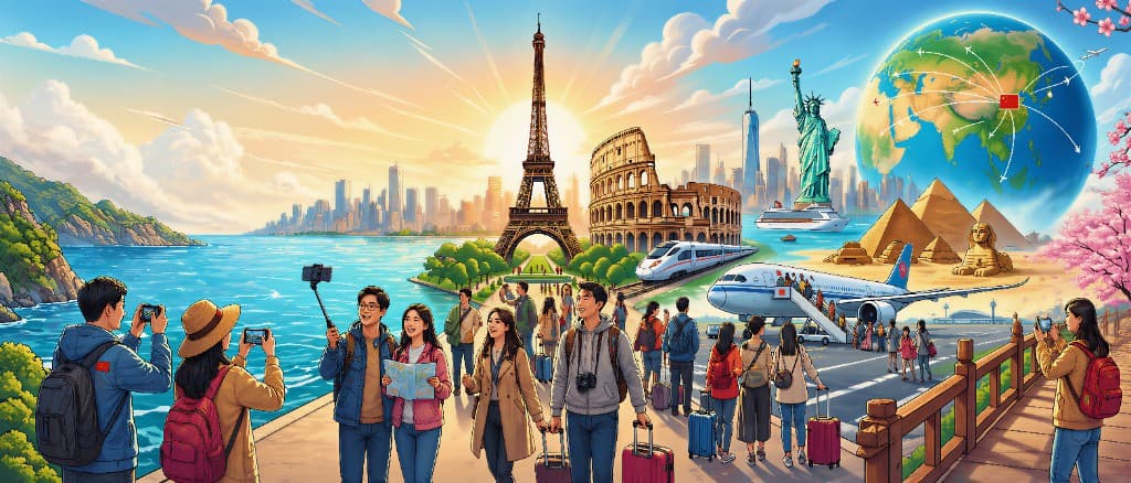 Panoramic illustration of global landmarks and travel routes representing China outbound tourism marketing.