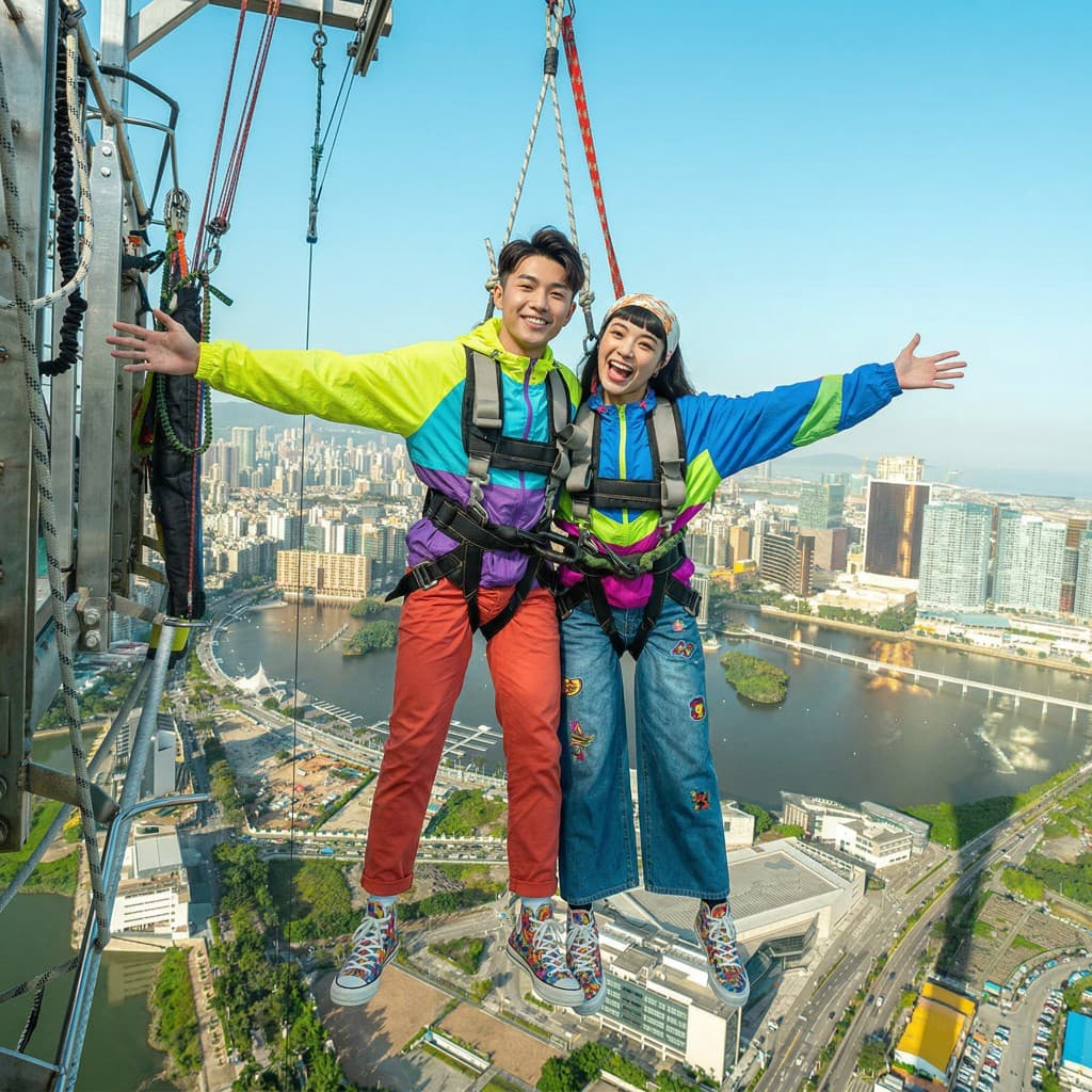 Two travelers in colorful jackets overlooking city skyline from a high platform