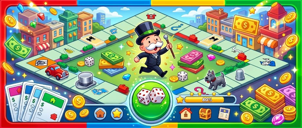 Monopoly GO! 主题视觉：棋盘玩法与角色元素组合画面。