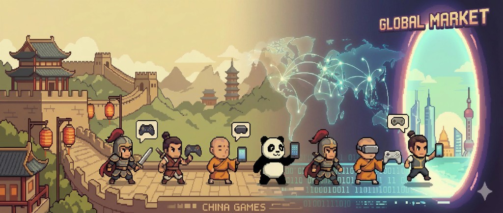 Pixel-art visual of China games expanding into global markets through a portal.