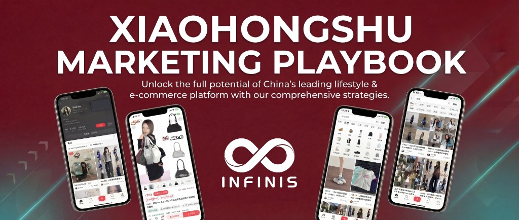 Red Note marketing playbook banner: INFINIS branding and mobile app interfaces