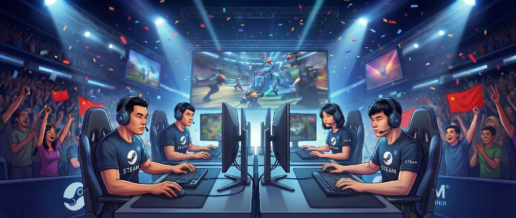 Illustration of a professional esports stage in China with players at PCs, arena crowd, and Chinese flags under teal stage lighting.